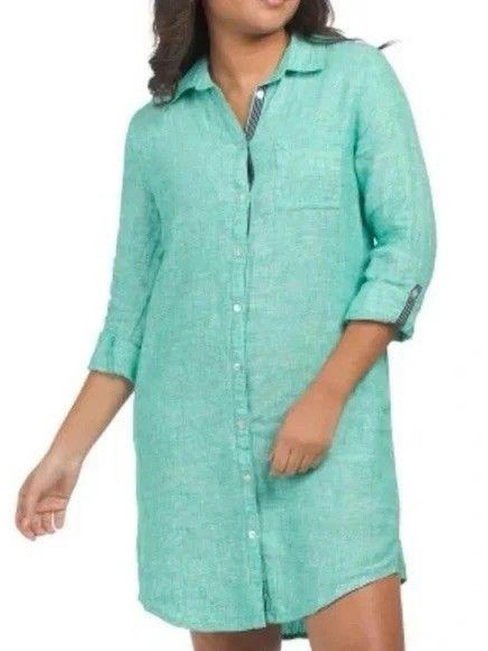 C&C CALIFORNIA Sz S Green 100% Linen Cross Dye Shirt Dress Mini Coverup Pockets